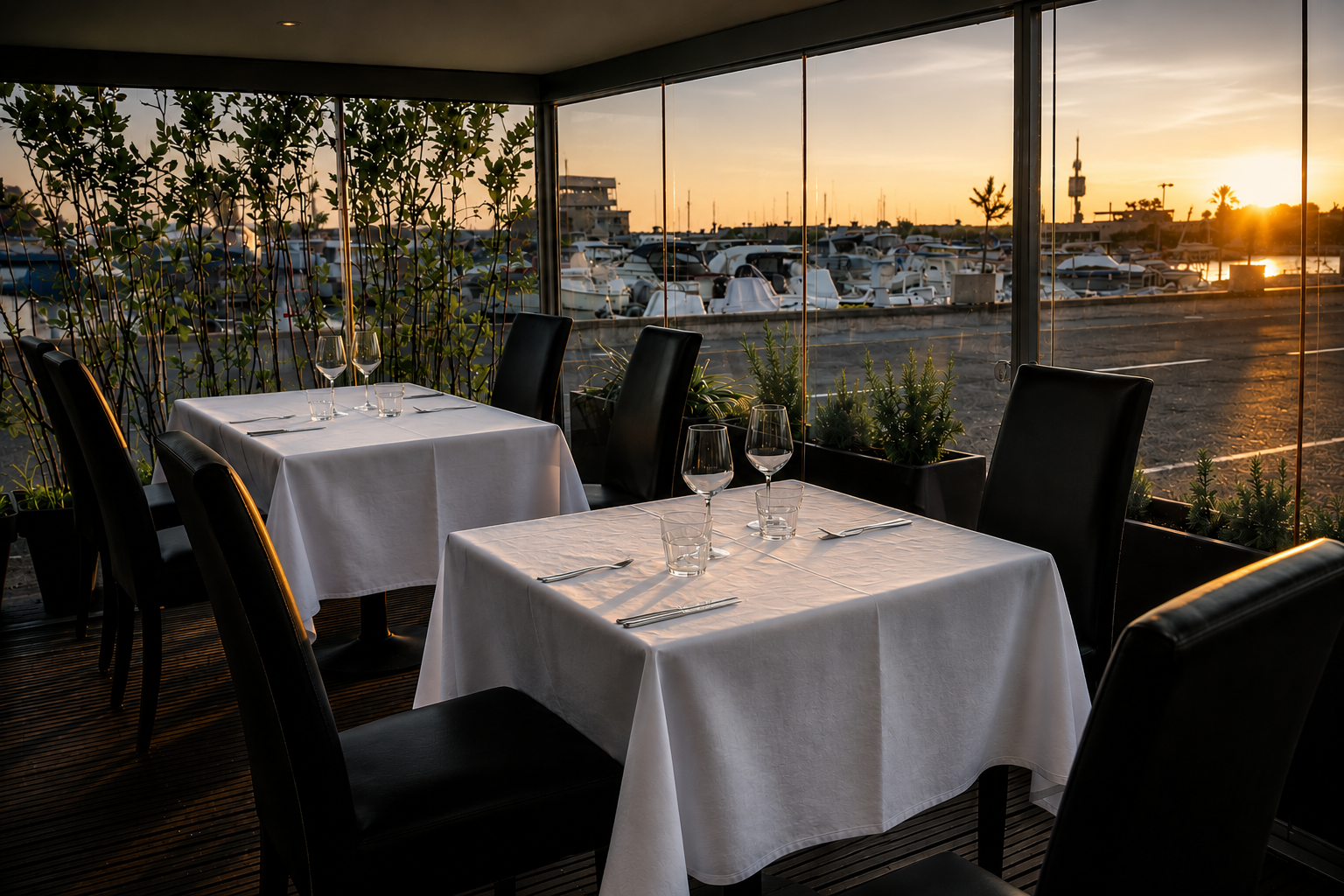 Dehor esterno di Beef Grill Experience affacciato sul porto al tramonto